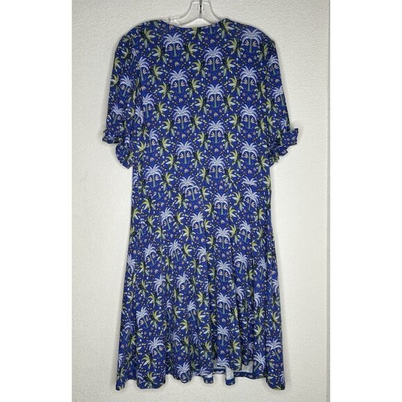 Boden Dress US Size 12 Blue Palm Trees Ruched V-Neck Pockets Swing Puff Sleeve - Picture 2 of 15